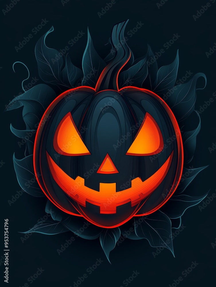 Sticker A spooky and vibrant Halloween illustration featuring a glowing jack-o'-lantern with a menacing grin, set against a dark background with intricate leaf details. The design symbolizes Halloween, festiv