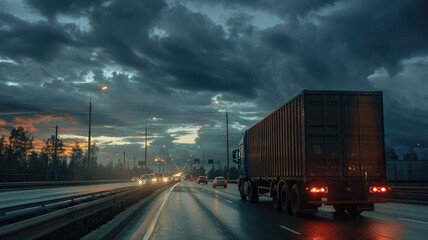 A truck carrying a cargo container drives down a busy highway under the cloudy night sky, headlights cutting through the dark.