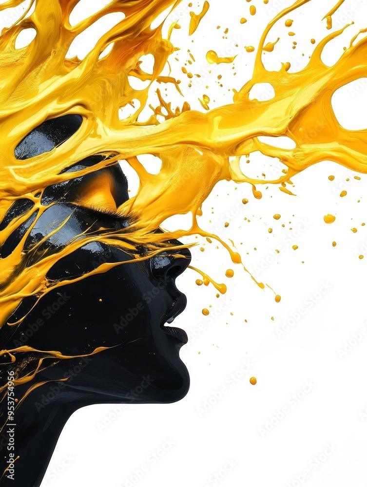 Sticker A striking abstract portrait of a woman's face, partially obscured by a dramatic splash of yellow liquid, symbolizing energy, creativity, freedom, transformation, and vibrancy.