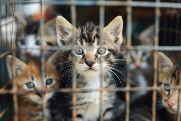 A Group of Kittens Looking Through the Cage