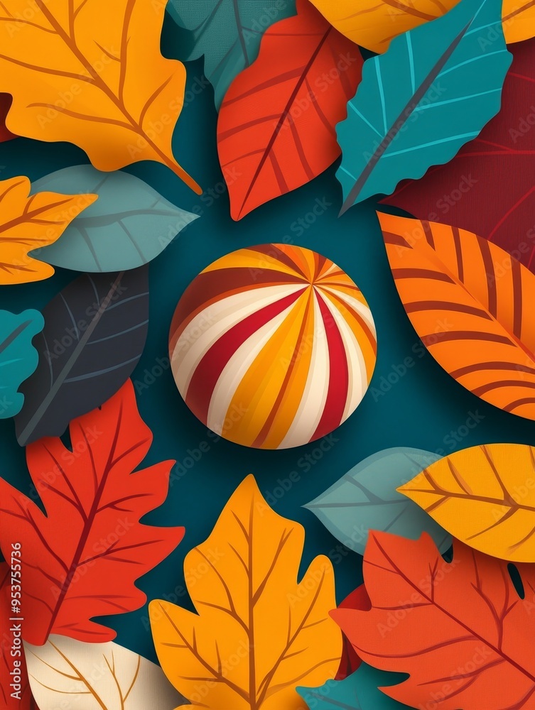 Canvas Prints An abstract wallpaper featuring a colorful sphere surrounded by autumn leaves in shades of red, orange, yellow, and blue. The leaves are arranged in a playful and dynamic pattern, creating a sense of 