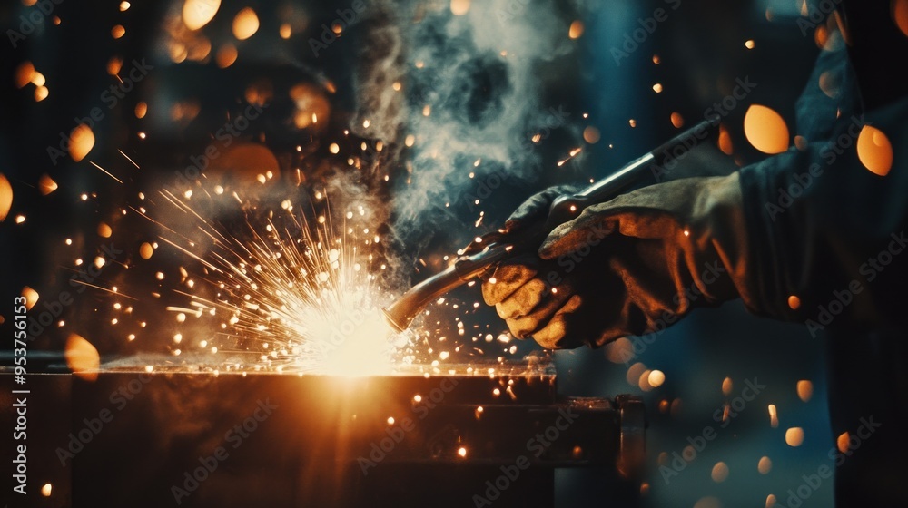 Poster close-up of a welder's hand using a torch to weld metal