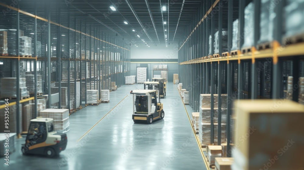 Poster Forklifts operating in a large warehouse with stacked boxes
