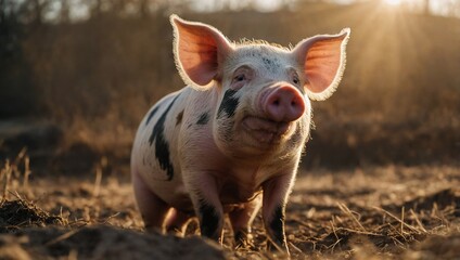Happy pig basking in the sunlight, surrounded by a soft-focus natural setting.