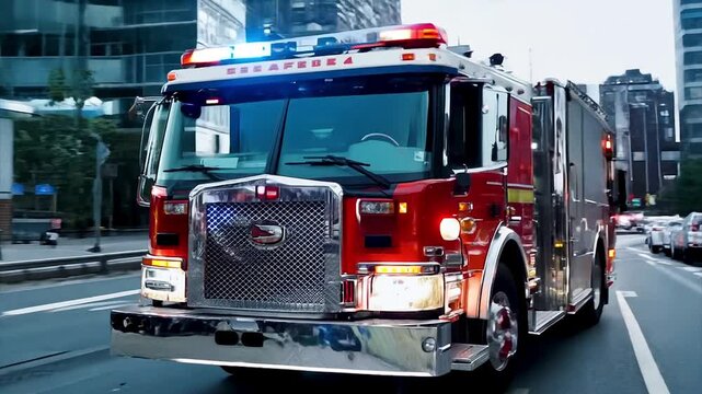 Red emergency fire truck drives down a city street for response firefighting. AI generated.