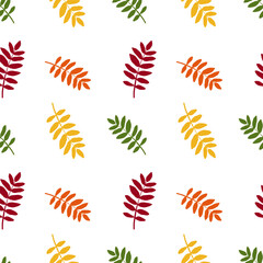 autumn green yellow red seamless pattern of ripe rowan berry leaves, bright foliage botanical fall illustration, textile design, September, October floral background