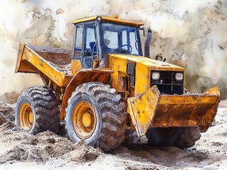 Fototapeta premium Tiny toy front loader in a sandbox, playful childhood scene, watercolor style