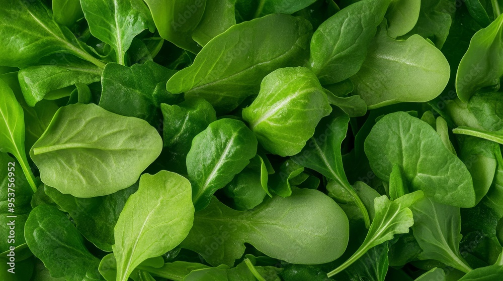 Poster A close-up shot of fresh, green salad leaves, symbolizing health, vitality, and the importance of fresh produce in a balanced diet. The leaves are arranged in a pleasing pattern, creating a visually a