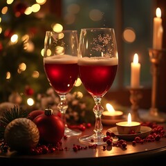 Two Glasses of Red Wine with Christmas Decorations