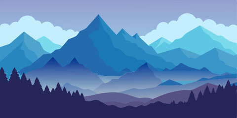  A serene landscape illustration depicting a misty mountain range bathed in a cool blue hue, perfect for adding a touch of tranquility to your designs.