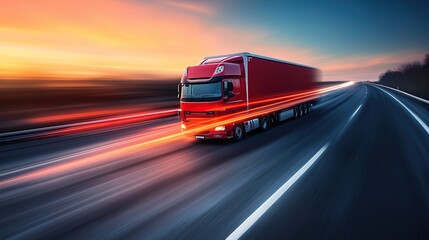 Obraz premium Red Semi-Truck Speeding on Highway at Sunset with Motion Blur