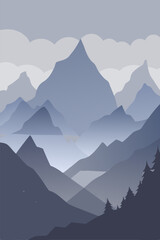  A minimalist illustration of a mountain range with a foggy valley, evoking a sense of serenity and tranquility. Perfect for creating a calming atmosphere in your designs.