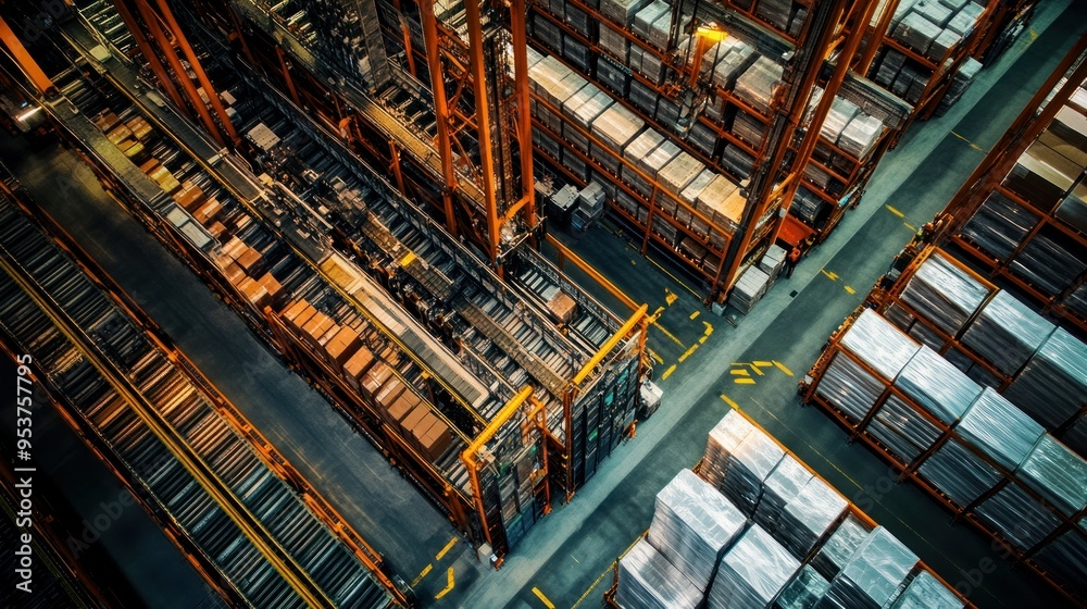 Poster Aerial View of a Large Industrial Warehouse with Automated Storage and Retrieval System