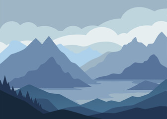  A minimalist illustration of a serene mountain landscape with a lake. This simple yet beautiful image evokes a sense of peace and tranquility.