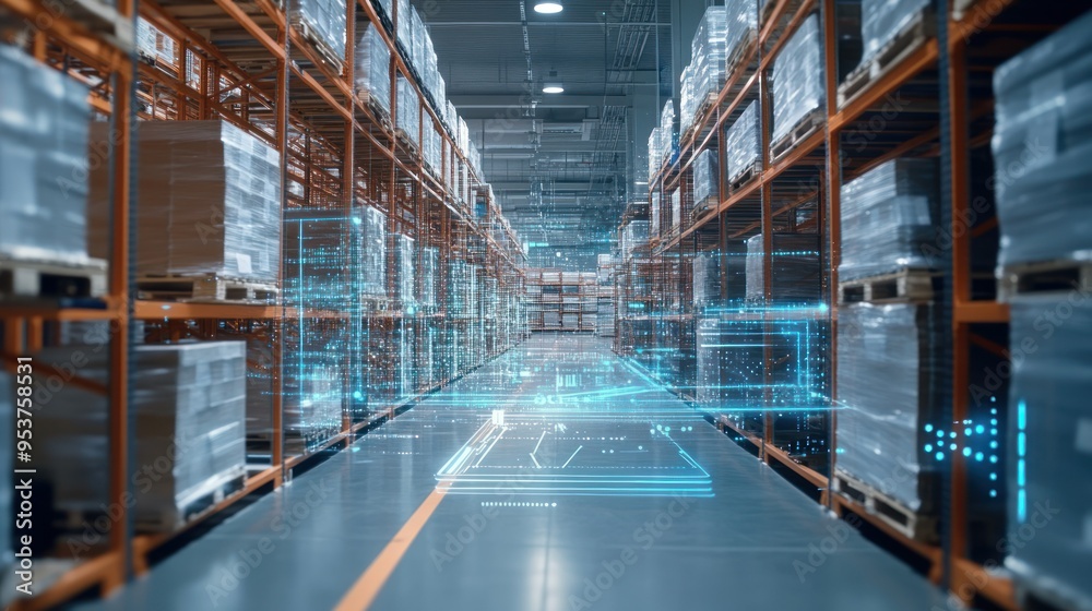 Poster warehouse aisle with futuristic digital interface overlay