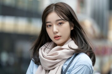 Young woman scarf. Asian woman with long black hair, wearing a light blue shirt and a beige scarf, looking directly at the camera, outdoors in the city.