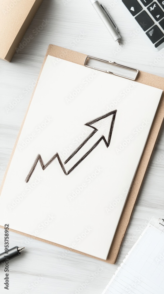 Poster clipboard with a sketched upward arrow symbolizing business success. minimalist office desk with key