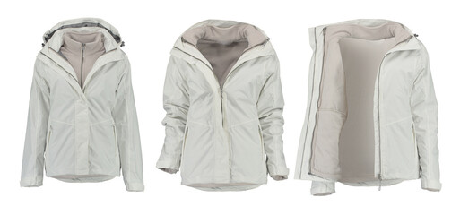 Three types white warm jacket. Isolated white women's jacket on a white background. Isolated image on a white background. Nobody. 