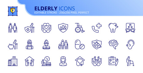 Simple set of outline icons about elderly