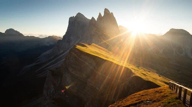 sunrise timelapse in the mountains at famous Seceda in the dolomites, Italy
