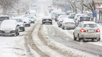 Traffic during snowstorm in winter urban road. Difficult road conditions during a snow storm. Headlights blur in the falling snow, delaying commute.