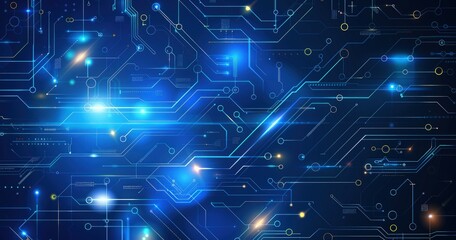 Obraz premium A vibrant digital circuit board design featuring glowing lines and nodes, representing technology and connectivity.