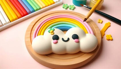 Obraz premium Kawaii Cloud and Rainbow Clay Art with Cute Face - Adorable DIY Craft Project 
