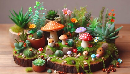 Whimsical Miniature Woodland Garden with Mushrooms, Succulents, and Cute Woodland Creatures
