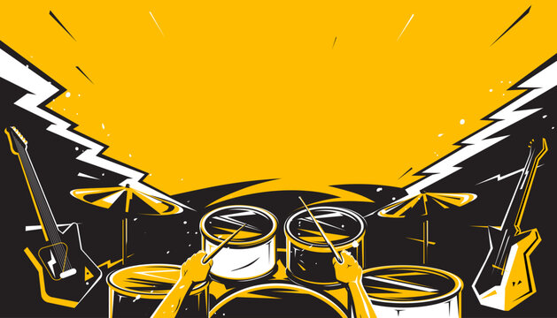 The party rock concert decorated with drum set and guitar design template for a music festival banner or concert poster.
