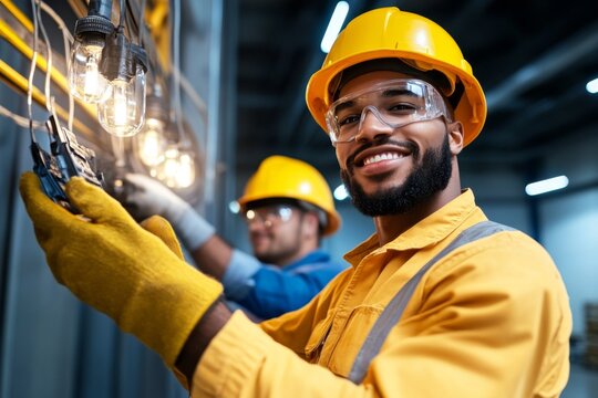 Energy efficiency implementation is captured in a realistic photo of technicians installing energy-efficient lighting systems in an industrial setting