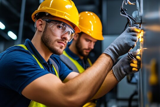 Energy efficiency implementation is captured in a realistic photo of technicians installing energy-efficient lighting systems in an industrial setting