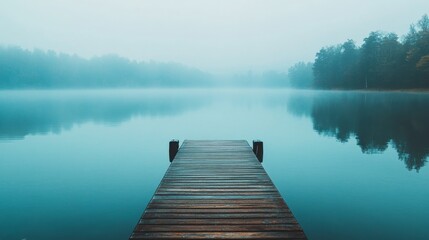 Obraz premium A high-quality AI-generated stock image of a serene lake with a dock and calm waters on the right side, leaving ample space on the left for text. Ideal for relaxation, travel, or nature content.