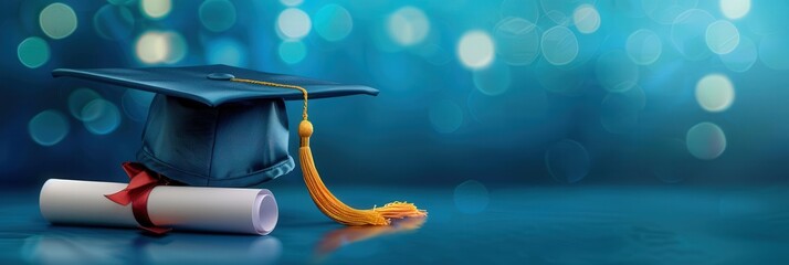 Graduation Celebration Banner, featuring a graduation cap and diploma against a vibrant blue backdrop, ideal for announcing achievements and sharing success stories.