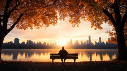 A serene autumn sunset over a tranquil lake, with a person sitting on a bench surrounded by vibrant fall foliage.