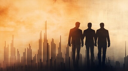 Silhouettes of three business professionals against a dramatic sunset, symbolizing teamwork and ambition in the corporate world.
