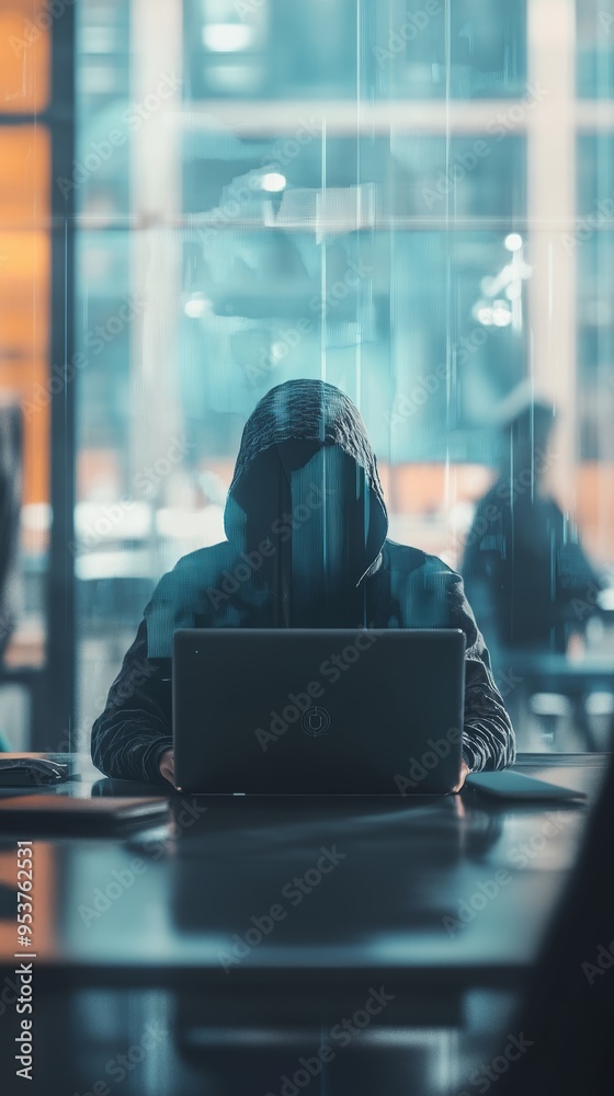 Poster silhouette of a hacker in a hooded jacket typing on a laptop with a transparent digital overlay, rep