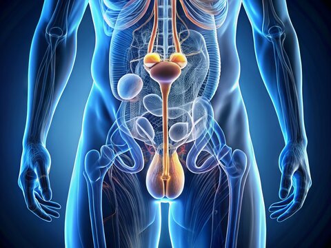 A detailed illustration of the male reproductive system, highlighting the testicles, epididymis, and vas deferens, with