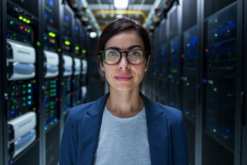 Fototapeta premium Data center expert. Woman in glasses standing confidently in front of server racks. She embodies expertise and knowledge in the IT field.