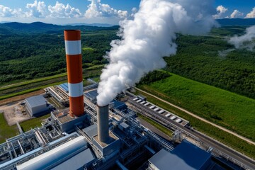 Geothermal energy plant operation is captured in a realistic photo showcasing the daily functioning and efficiency of a geothermal facility