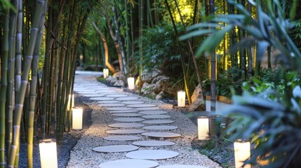 Obraz premium A serene garden path lined with bamboo and illuminated by soft lanterns winds through a lush, tranquil landscape