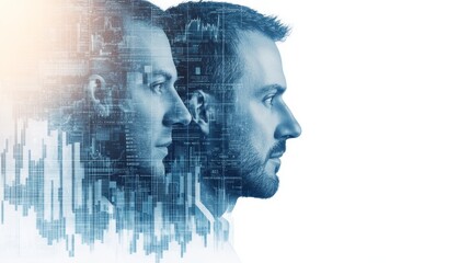 Futuristic illustration of two profiles with digital elements representing technology and innovation in a modern context.