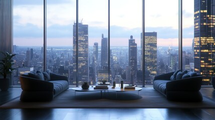 Two Couches Facing Each Other with a Cityscape View Through Large Windows