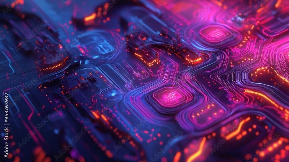 Poster abstract circuit board with glowing lines and spots
