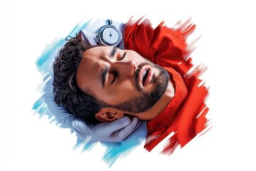 Heart attack emergency response with first aid and CPR steps, depicted in an artwork where an emergency situation is illustrated with step-by-step instructions on how to perform CPR and provide