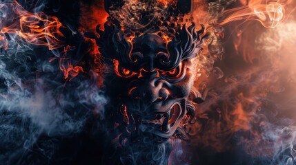 Stylized face with elements of fire and smoke, creating a dramatic and intense visual