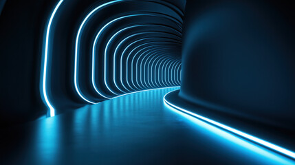 Naklejka premium 3d render of a dark arched corridor tunnel led neon lighting reflection future modern interior architecture blue black backdrop