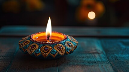 A beautifully decorated clay diya lamp, lit and placed on a wooden surface during Diwali.