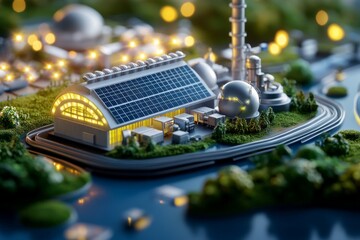 Renewable energy efficiency is depicted in a detailed illustration of a solar-powered facility, showcasing the integration of clean energy and efficiency