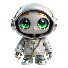 DJ Robot cute ,hood shirt ,neckle , big eyes  ,cyber suit ,chibi ,realistic 3d  ,white background