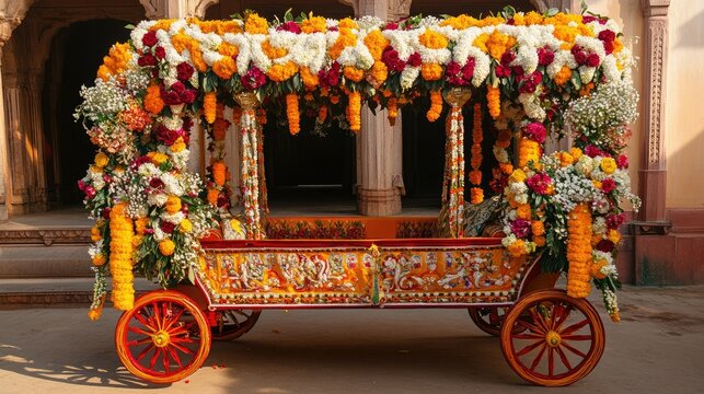 A beautifully decorated Indian palanquin (palki), ready for entry, with intricate designs and flowers.